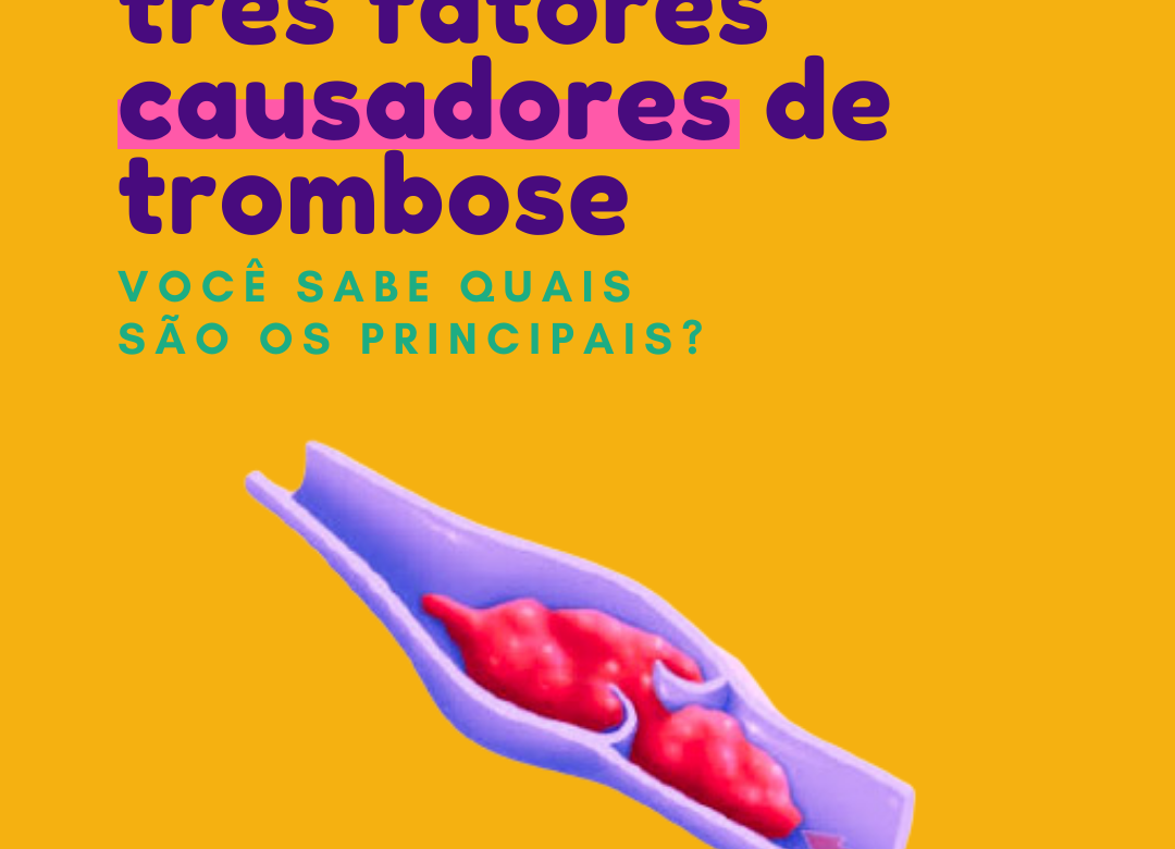 Ilustração de veia entupida com trombose e texto sobre fundo amarelo "Três fatores causadores de trombose"