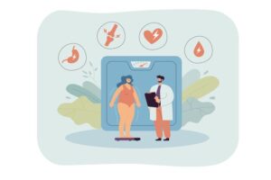 Ilustração com mulher descobrindo problemas de saúde por causa da obesidade